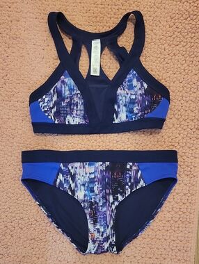 Athleta Blue Multi Print Sport Bikini Set